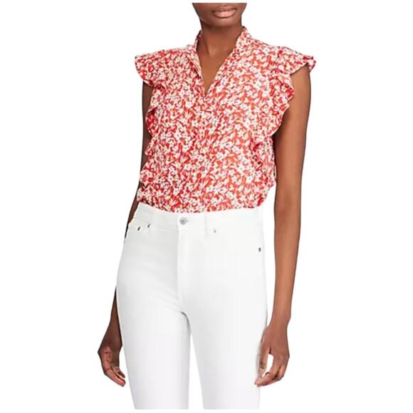 Lauren Ralph Lauren Crepe Flutter Sleeve Floral Button Front Top Medium EUC - Picture 9 of 9